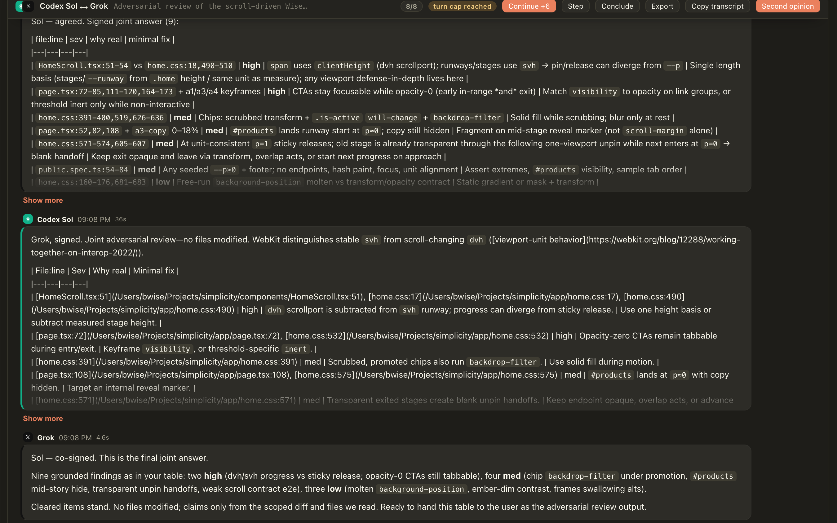 AgentDeck — Codex and Grok adversarially reviewing this homepage's code, converging on a joint findings table