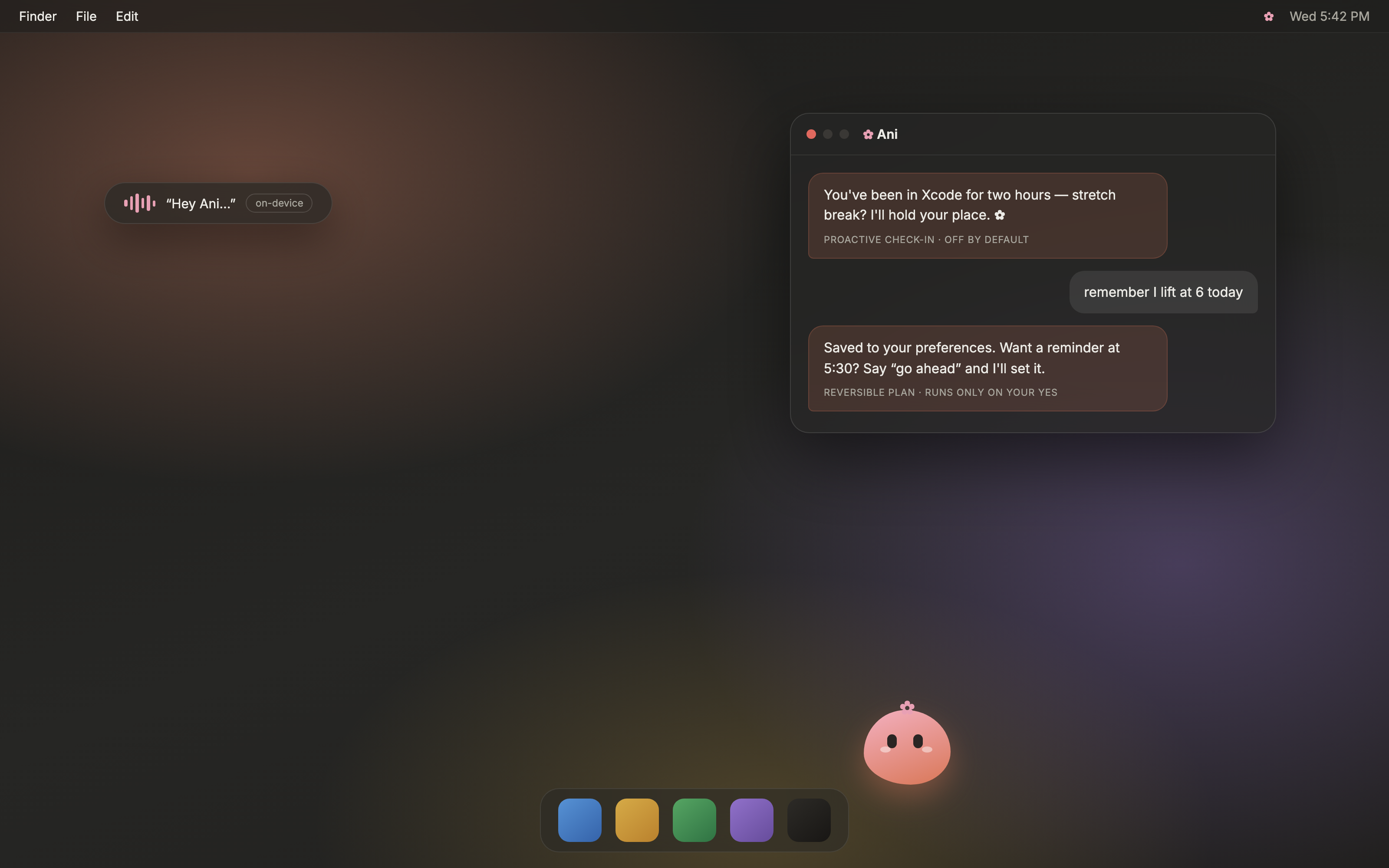 Illustrated preview of Ani — a small desk companion on a Mac desktop, checking in over chat while on-device voice listens