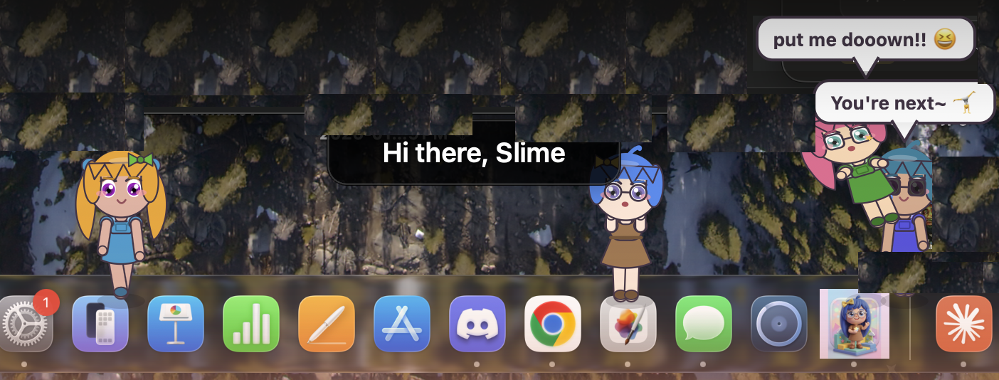Real desktop capture: Ani's cast walking the Dock — one pet carrying another shouting 'put me dooown!!', while a caption greets the developer by name