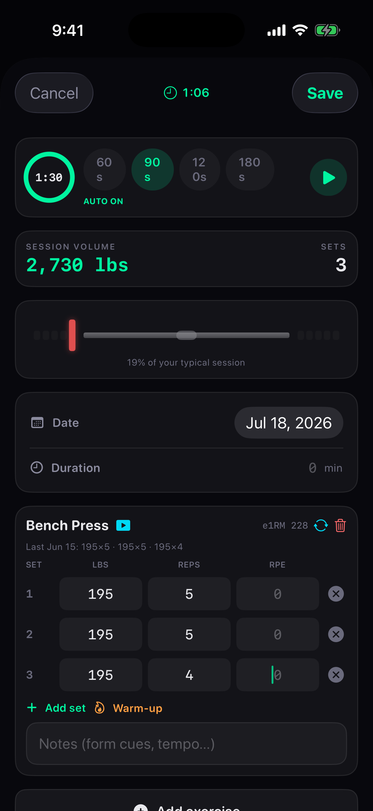 IronLog's native iOS app mid-session — bench press sets auto-filled from last time, live session volume, and an auto rest timer