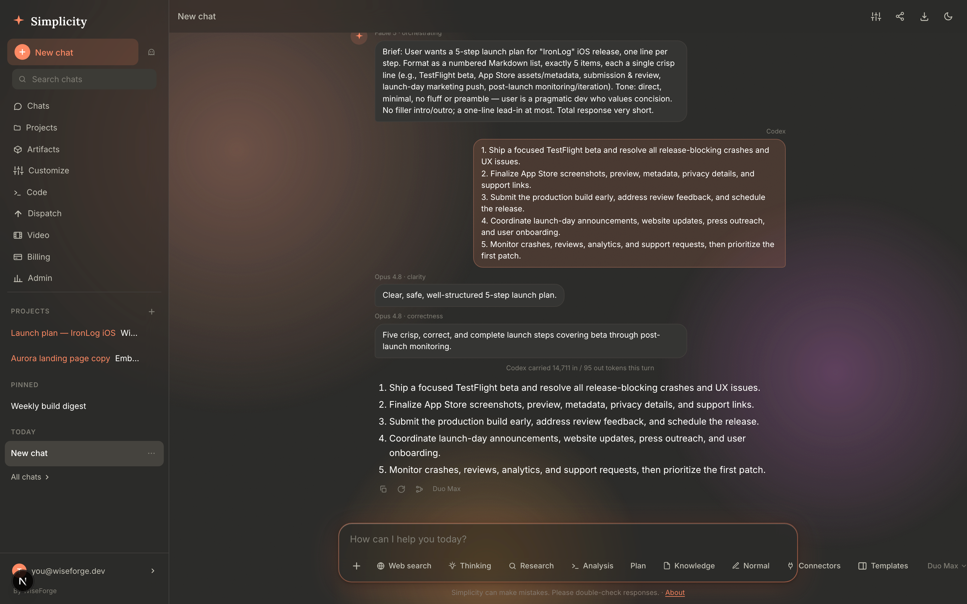 Simplicity — a streamed multi-model conversation planning an app launch